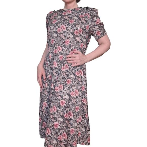 Vintage 80s Floral Print Short Sleeve Dress Cottagecore Women Size Petite Large - Picture 10 of 11